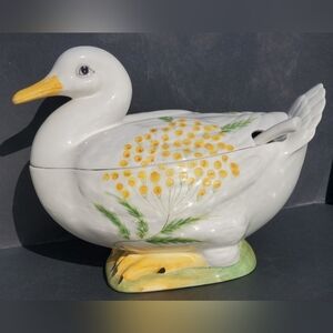 Vintage 1960's Italian Large White Duck Tureen and Ladle - Rare Ceramic